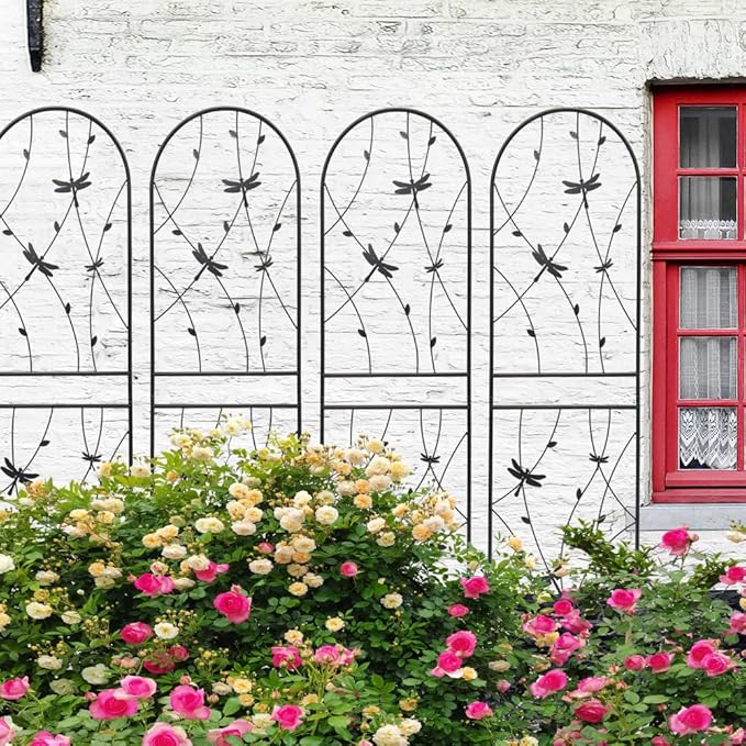 Sturdy Metal Garden Trellis for Climbing Plants – Rust-Resistant Outdoor Flower Support with Decorative Dragonfly Design (4 Pack-H71'')