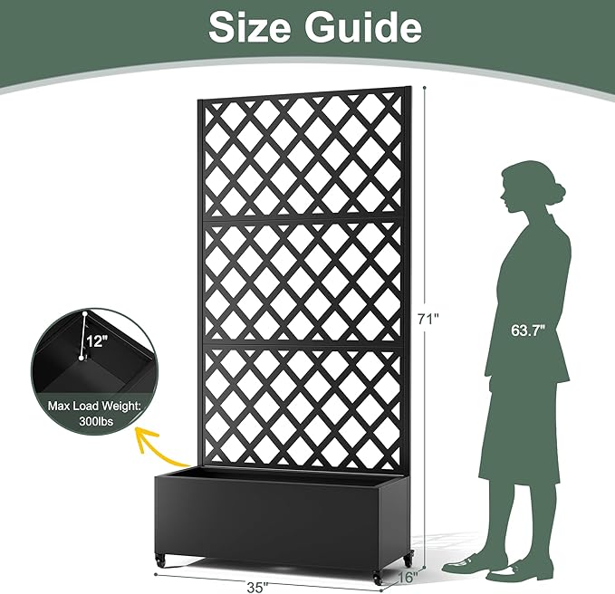 Metal Large Garden Bed with Trellis &amp Wheels Planter Box with Privacy Screen for Climbing Plants Privacy Planters for Patio 35 L Garden Boxes with Drainage Holes (Black Diamond)