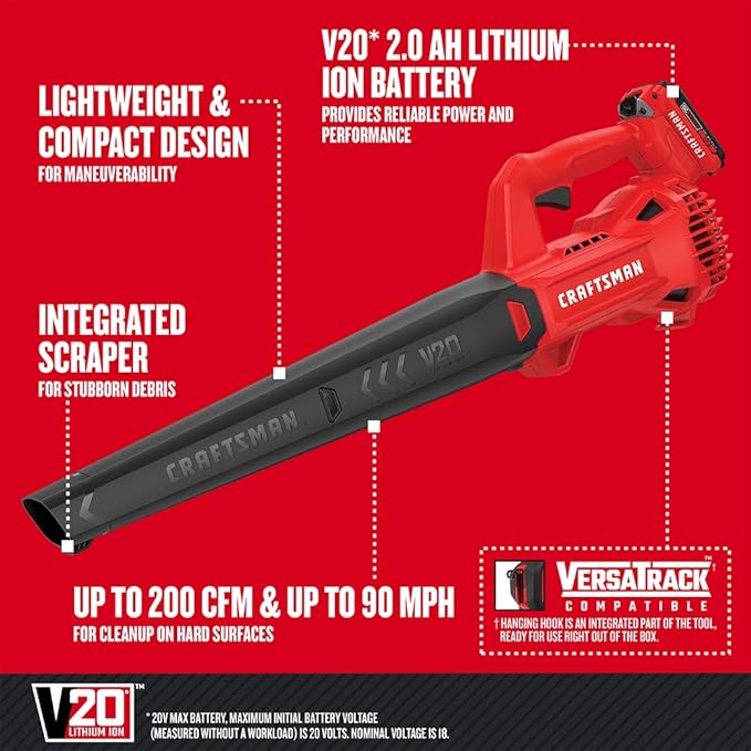 CRAFTSMAN 20V MAX Cordless Leaf Blower with Battery and Charger Hard Surface Electric Leaf BlowerPowerful up to 90 MPH Red (CMCBL710D1)