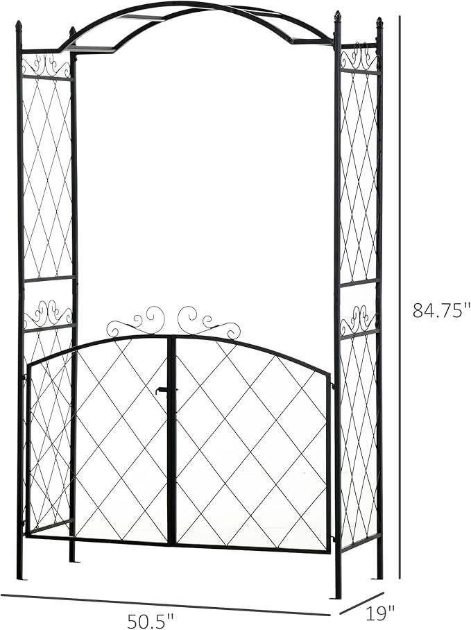 85 Garden Arch Arbor Metal Arch Trellis with Gate Garden Archway for Climbing Vines Wedding Ceremony Decoration Black