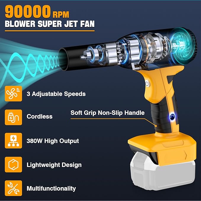Jet Dry Mini Blower Jet Fan 3 Adjustable Wind Speeds for Dewalt 20V Li-ion Battery Mini Compressed Air Duster Cordless Dry Blower for DryingCleaningLeaf Blowers(No Battery)