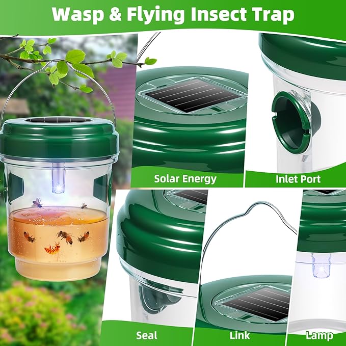 4 Pack Solar Powered Lighted Wasp Trap Outdoor Hanging Hornet Bee Effective Wasp Bee Repellent with Attraction Light