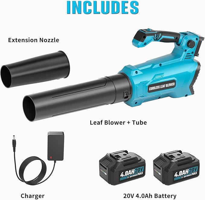 Leaf Blower Cordless 20V Electric Blower with 2 X 4.0Ah Battery &amp Charger 450-CFM 150-MPH Turbo Jet Blower with Adjustable Angle Handle for Lawn Care Garden Yard