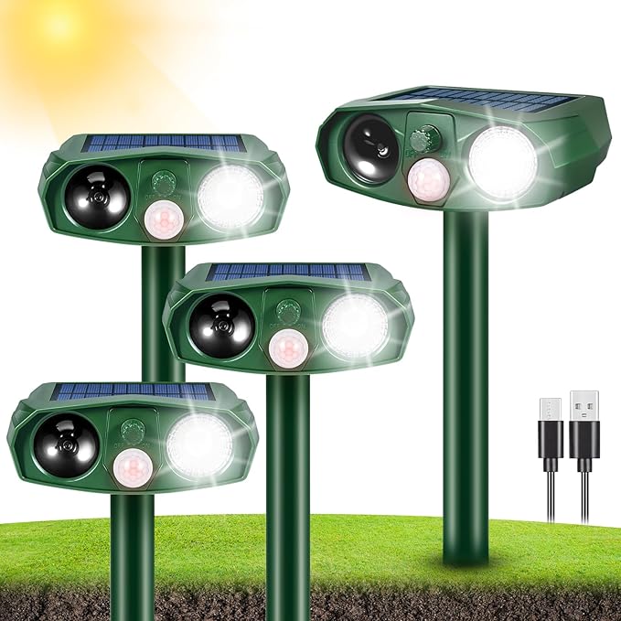 4Pack Solar Ultrasonic Cat Repellent Outdoor Animal Repellent with Flash Light&ampUSB Charge Waterproof Animal Deterrent Devices Deer Repellent Devices for Rabbit Squirrel Skunk Repellent for Yard