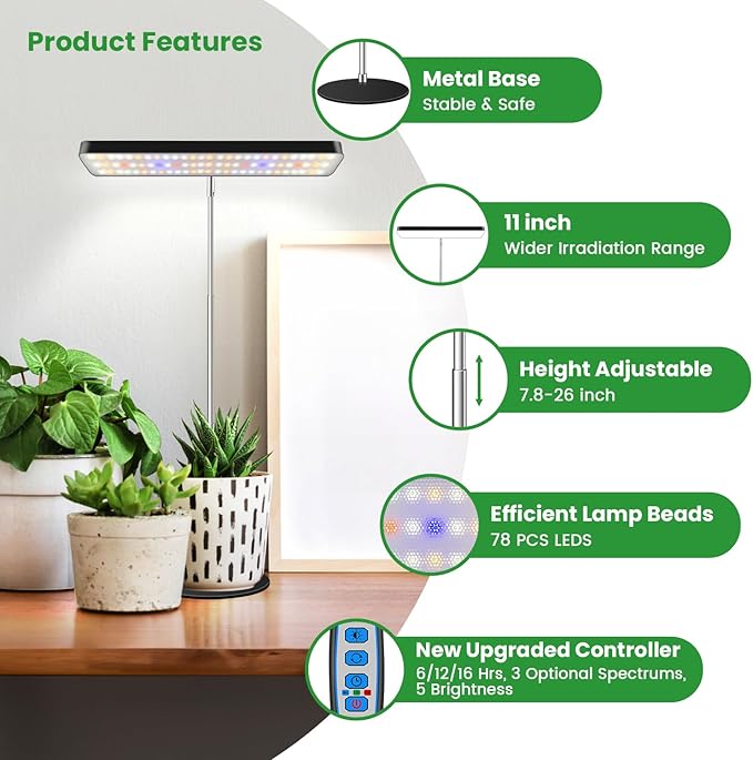 Wiaxulay Grow Lights Full Spectrum Plant Light for Indoor Plants Height Adjustable Desktop Grow Lamp with Auto Timer 6/12/16Hrs 3 Lighting Modes5 BrightnessIdeal for Potting Soil 2 Pack