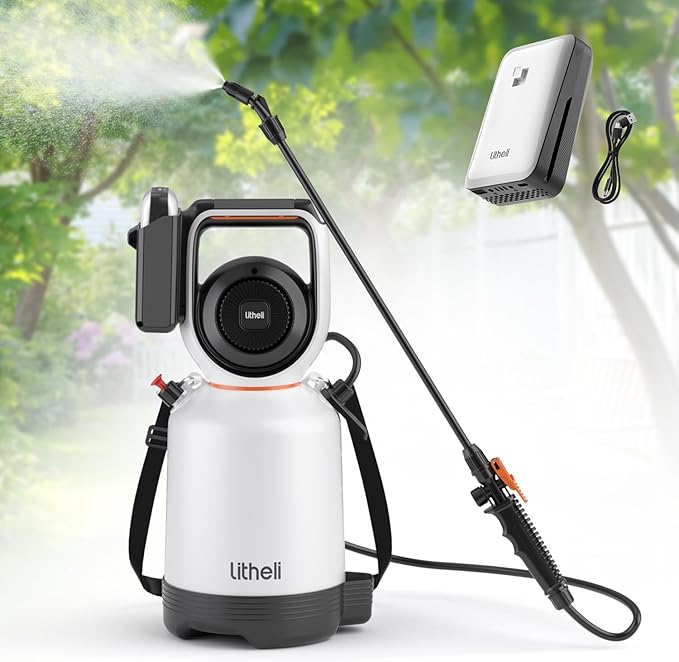 Litheli 20V Cordless Garden Sprayer 1.3 Gallon/4.75L Pump Sprayer Intelligent Pump Pressure Control 2 Spray Modes for Spraying Plants Garden Watering with 2.0Ah Battery Included