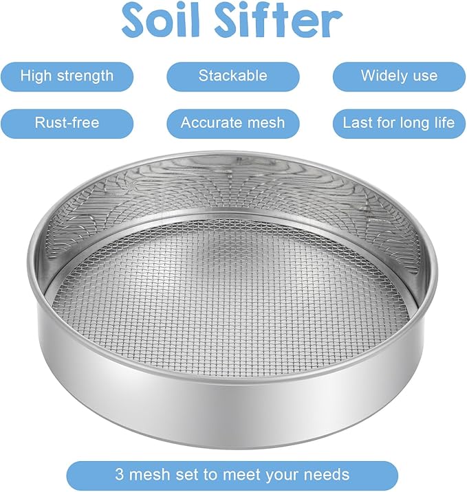 4 PCS Sifter for Rocks 10 Inch Soil Sifter for Gardening with 3 6 9 12 mm Stainless Steel Sifting Screen Round Rock Crusher for Sifting Sand Soil Stones Compost and Cat Litter