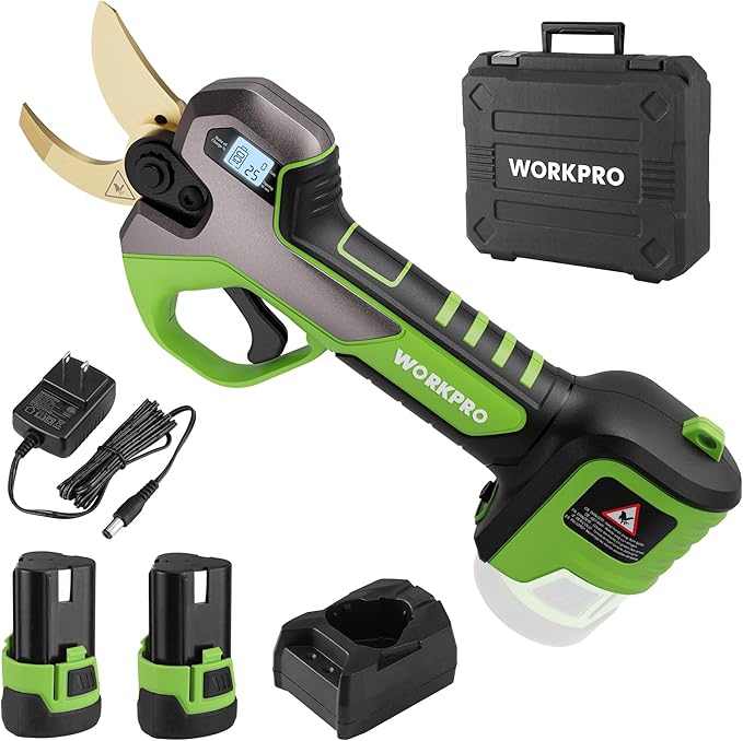 WORKPRO 12V Electric Pruning Shears Battery Powered Pruning Shears Cordless Tree Pruner 1.2 Inch Cutting Diameter Branch Cutter Gardening Scissors with 2 Pack Rechargeable Battery and Fast Charger