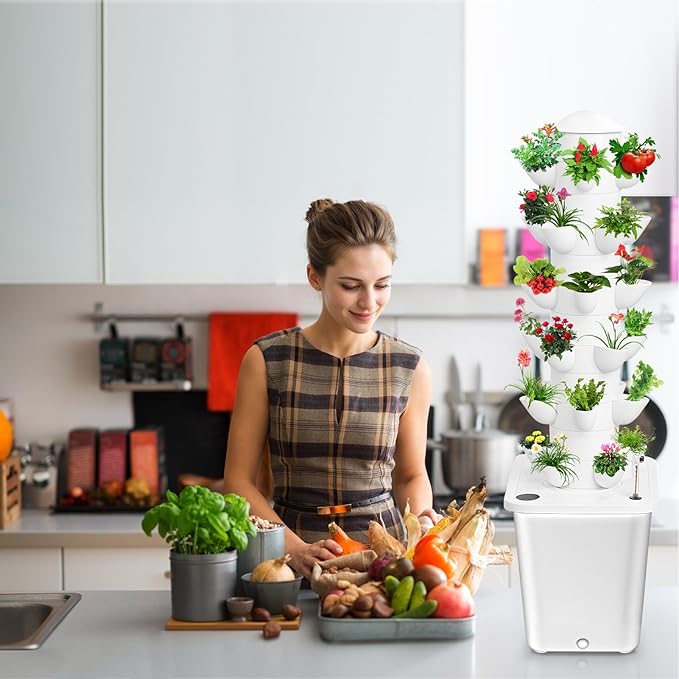 Hydroponic Tower Hydroponics Growing System Kit 6 Layers 30 Pods Vertical Planter Tower with 10L Tank Indoor Outdoor Hydroponic Grow System for Herb/Strawberry/Vegetable/Flower Planting (White)