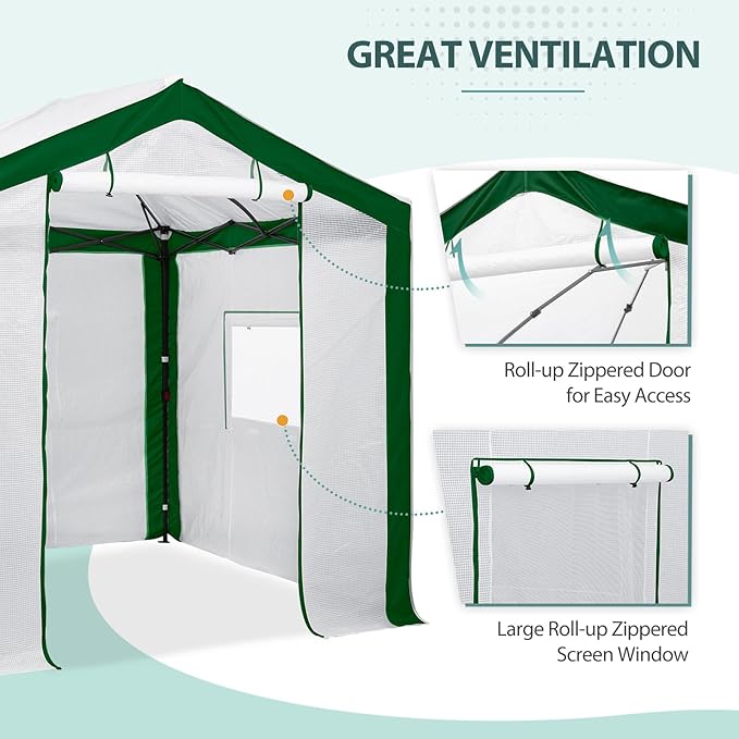 EAGLE PEAK Replacement Cover for 8x6 Portable Pop up Greenhouse with Polyester Reinforced Corners Front Roll-Up Zipper Entry Door and 3 Large Roll-Up Side Windows (Frame Not Included) Green/White