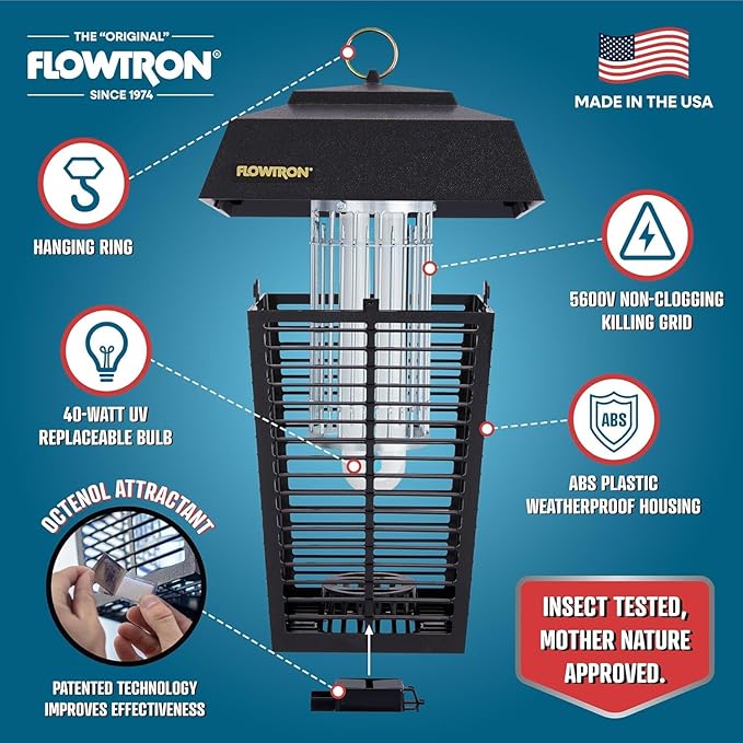 Flowtron Bug Zapper 1 Acre of Outdoor Coverage with Powerful 40W Bulb &amp 5600V Instant Killing Grid with Mounting Bracket &amp Mosquito Attractant Cartridge
