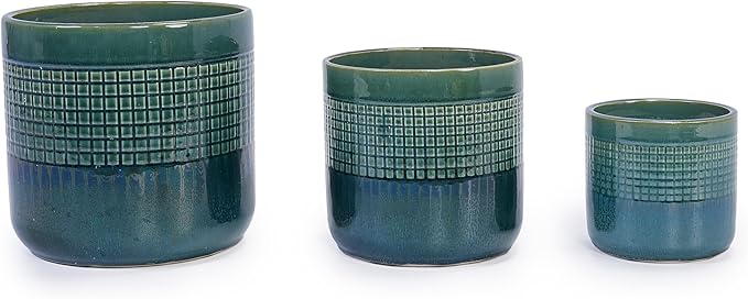 Handmade Green Glazed Ceramic Planter Set of 3 10 8 6 Diameter Square Grid Pattern for Succulents Herbs IndoorOutdoor Shelf Table Use Breathable Clay with Drainage Holes
