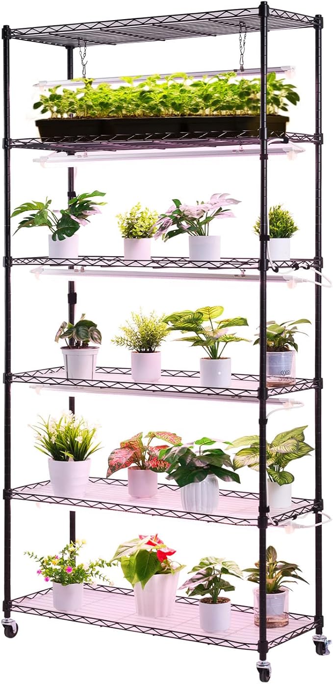 VEVOR Plant Shelf with Grow Light 6-Tier Indoor Plant Stand 71in Tall Indoor Plants Display Rack with Wheels &amp Timer 150W 3800K Full Spectrum Grow Lights Metal Flower Pot Holder for Seed Start