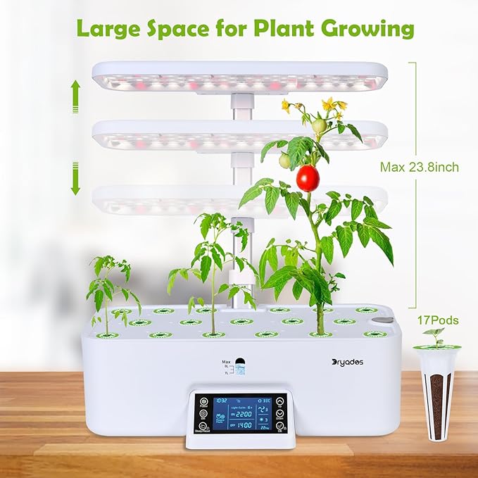 17-Pods Hydroponic Growing System with 24W Full-Spectrum Cooling Grow Light &amp Smart Control Panel Seed Pods kit for Indoor Garden