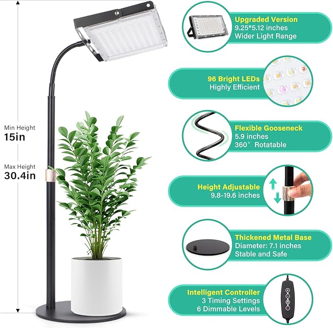 LBW Grow Light for Indoor Plants Full Spectrum Desk LED Plant Light Large Grow Lamp with 4H/8H/12H Timer 6-Level Brightness Height Adjustable Flexible GooseneckIdeal for Indoor Growth