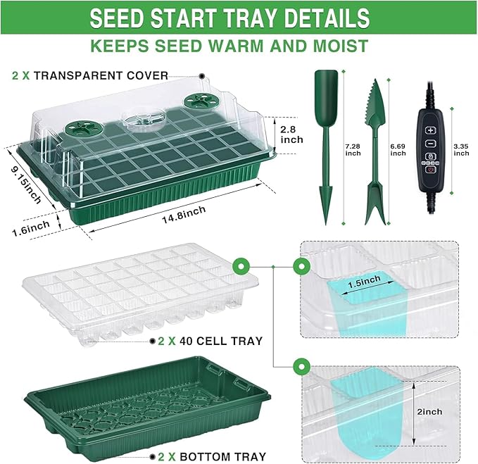 YAUNGEL Seed Starter Tray with Grow Light Seed Starter Kit with Timing Controller Adjustable Brightness80 Cells Seed Starter Tray for Indoor Planting with Humidity Domes Heightened Lids 2 Pack