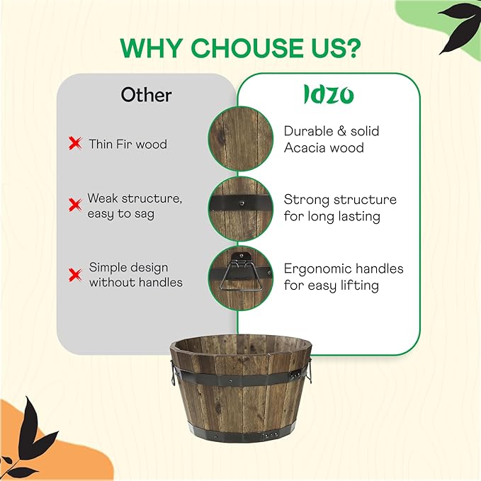 Idzo Set of 3 Wooden Flower Planters for Outdoor Plants Acacia Wood Barrel Planters Ergonomic Handles Drainage Holes Various Sizes Walnut