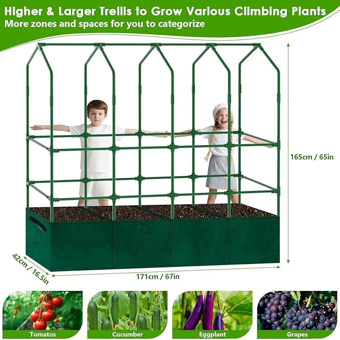Large Cucumber Trellis for Climbing Plants with Grow Bag 67×65×16.5 Metal Garden Trellis for Raised Bed with Garden Netting and Plant Clip Plant Ties for Vegetables Squash Pea Grape Tomato