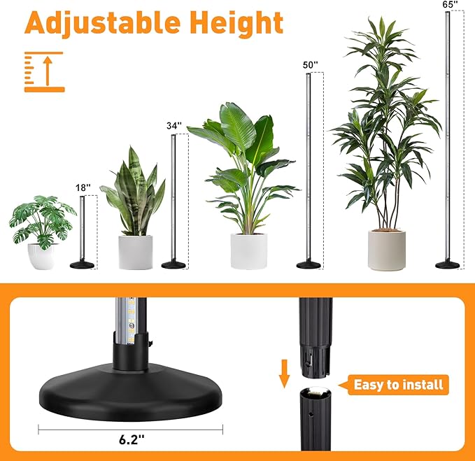 BlumWay 65 Inch Grow Lights for Indoor Plants36W660nm+3000K+6000K 336 LEDs Full Spectrum LED Standing Plant Lights with 2 Timers and 10 Level Dimming Detachable Plant Growing Lamps for Greenhouse