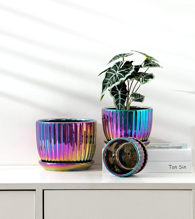 Ton Sin Flower Pots Purple Ceramic Plant Pots Set of 3Small Glazed Succulent Pots with Drainage HoleCactus Planter with SaucerOutdoor Garden Pots (Colorful Gold)