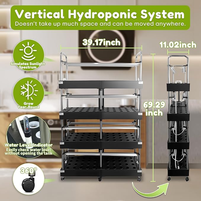 Large 4-Tier Hydroponics Growing System Kit 160 Pods Vertical Hydroponic Garden with Full-Spectrum LED Grow Light Dual Auto Circulating Water Pumps 51L Indoor System for Herbs&amp Microgreens