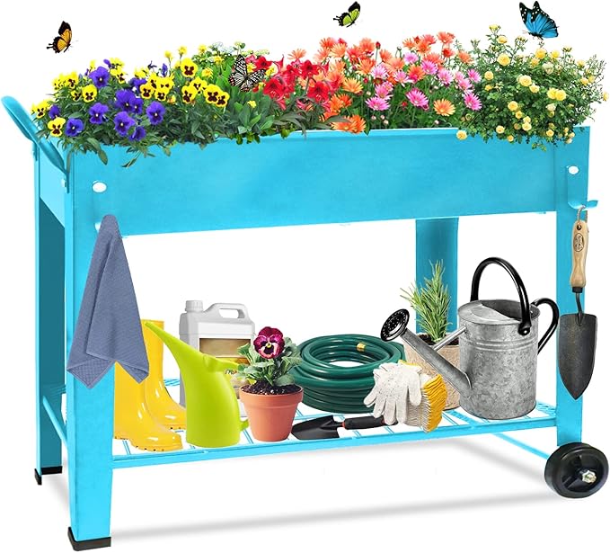 Raised Planter Box Beds with Wheels Legs Elevated Garden Bed for Indoor Outdoor Large Metal Mobile Planter Box with Bottom Shelf for Storing Tools for Vegetables Flower Herb Patio(Blue)