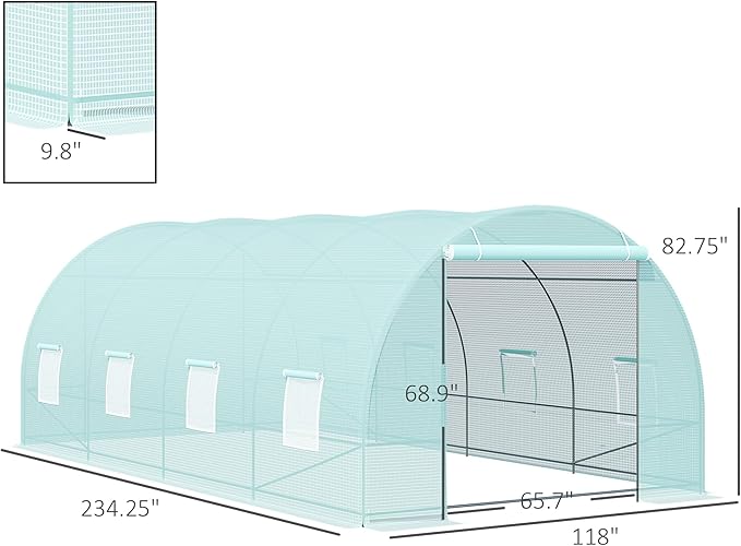 【LuckyNote】 20' x 10' x 7' Walk-in Tunnel Greenhouse Garden Warm House Large Hot House Kit with 8 Roll-up Windows &amp Roll Up Door Steel Frame Green