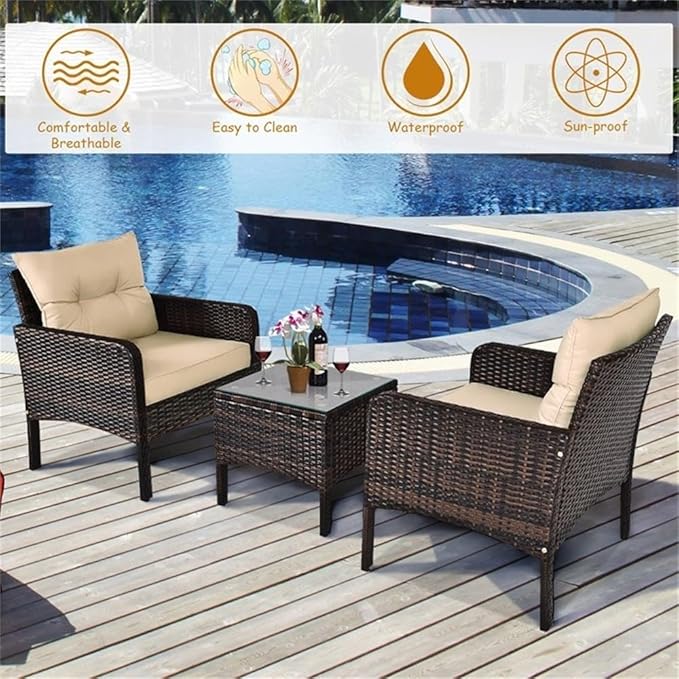Pemberly Row 3-Piece 26'' Rattan Conversation Set Outdoor Seating Ensemble Built for Casual Comfort and Interaction Brown