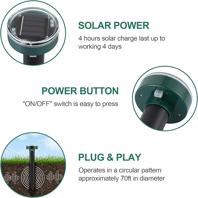 Ultrasonic Mole Repellent Solar Powered 4 Pack Sonic Mole Deterrent SpikesSnake Gopher Vole Repellent for Lawn Garden &amp YardGopher DeterrentGroundhog Repeller