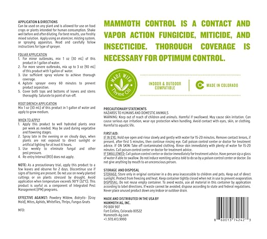 Mammoth Control - Concentrated Miticide Fungicide and Insecticide - Made with Thyme Oil (1 Gallon)