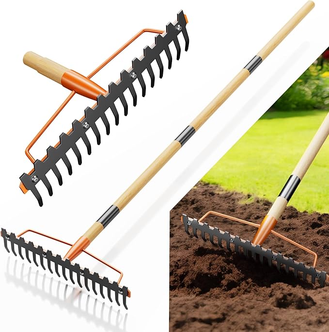 17 Tines Wide Head Bow Rake for Soil Leveling Garden Rake Heavy Duty with 55” Adjustable Wooden Handle Heavy Duty Metal Rake for Lawns Gardening Loosening Soil Gathering Leaves Landscaping