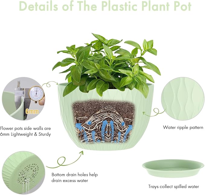 12 Inch Large Plant Pots for Indoor or Outdoor Plants Wide Water Ripples Flower Pots with Drainage Holes &amp Saucer Plastic Planters Set for Garden &amp Home Decor (Green)