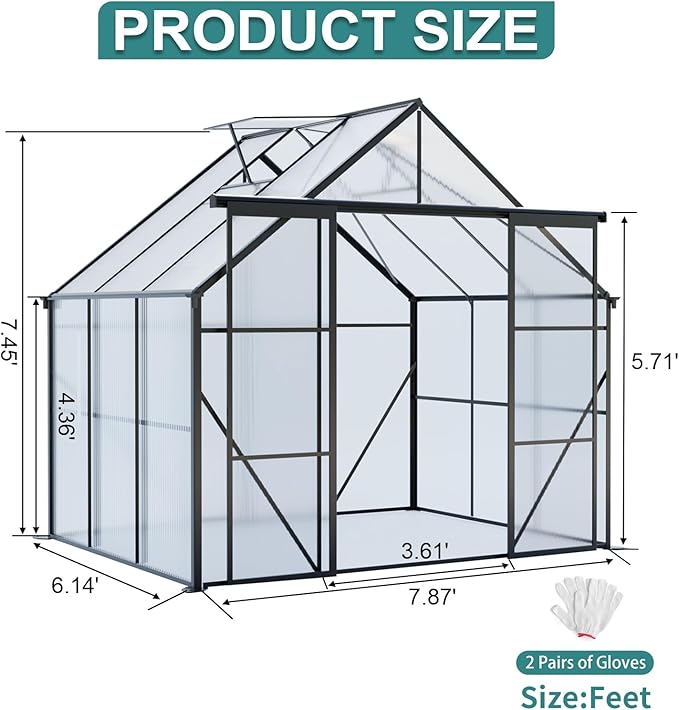 8x6 Greenhouse for Outdoor with Double Door and Adjustable Roof Walk-in Polycarbonate Gardening Green House with Raised Base and Anchor Drainage System for Backyard Lawn Black