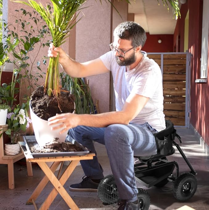 Rolling Garden Cart with Cushioned Backrest &amp Seat Outdoor Gardening Stool for Planting Garden Scooter with 360 Degree Swivel Seat &amp Steering Handle &amp Tool Tray (BackRest Seat+Handle Bla