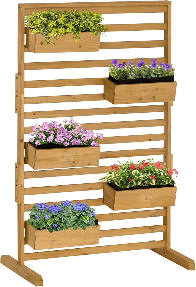 Natural Wood 5-Tier Vertical Plant Trellis Stand – Freestanding Outdoor Planter with 5 Hanging Boxes for Patio Garden Balcony (36.5 W x 59 H)