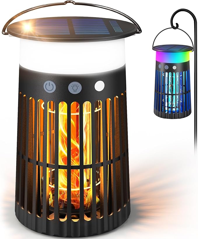 Solar Bug Zapper Outdoor Portable Electric Mosquito Killer with Panel Sensor Rechargeable Insect Trap with LED Night Light and Flame Effect Ideal for Outside Patio Backyard and Camping (1 Pack)