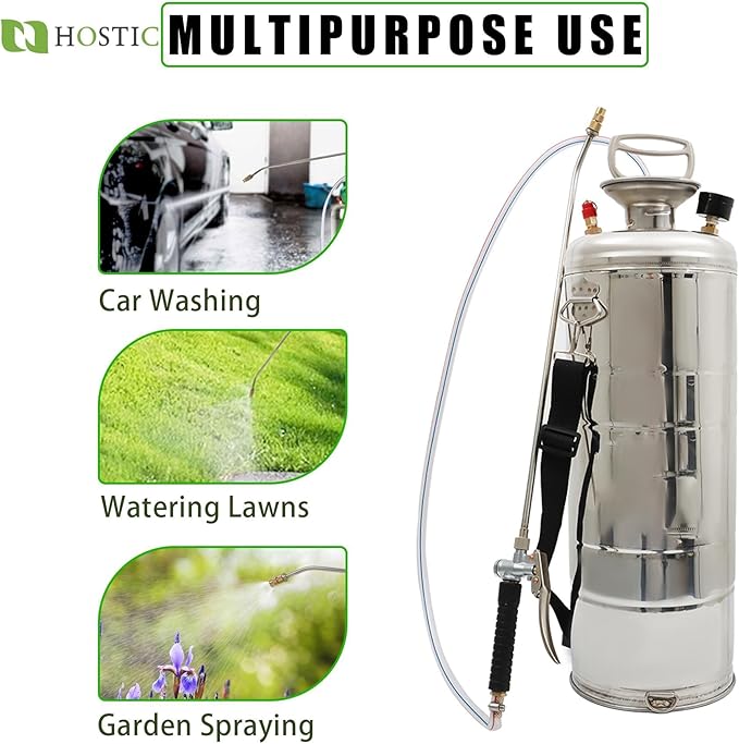 HOSTIC 1 Gallon Stainless Steel Sprayer Hand Pump Sprayer with Pressure Gauge Valve Adjustable Nozzle for Gardening Lawn and Cleaning