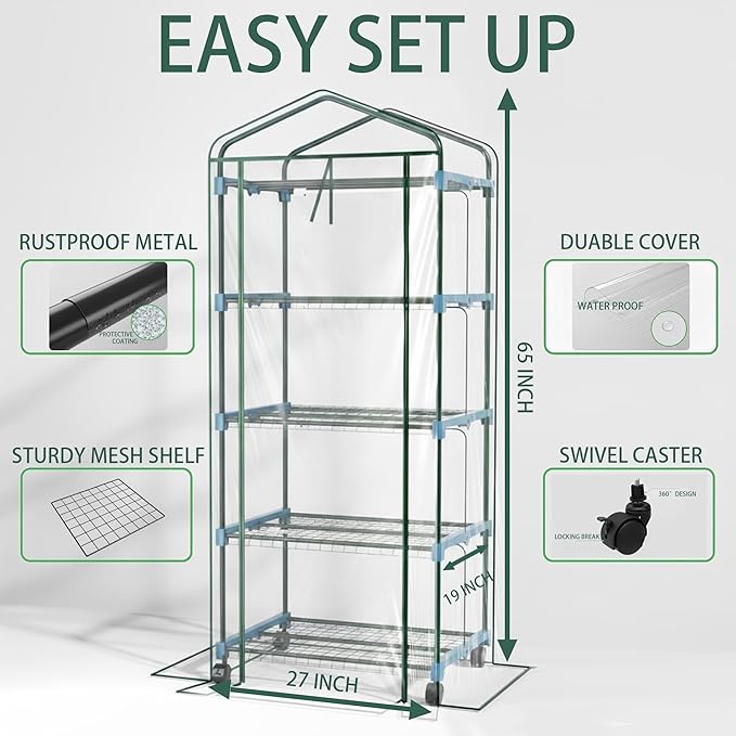 Mini Indoor Greenhouse with Grow Light - Portable Outdoor for Plants Green House Cabinet with Wheels Tent Cover 4 LED Lights with Dimmable 3 Color 36W 4 Tier Gardening Shelves