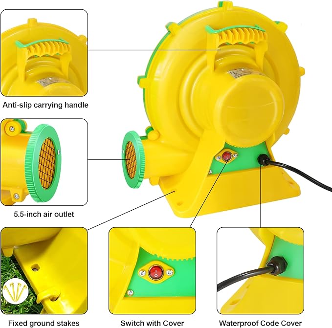 Bounce House Blower 950W/1.27HP Commercial Air Blower with Double-Sided Fan Blade Design Strong Wind and Great Heat Dissipation Properties for Bouncy Castle Jump Slides Arch Inflatables