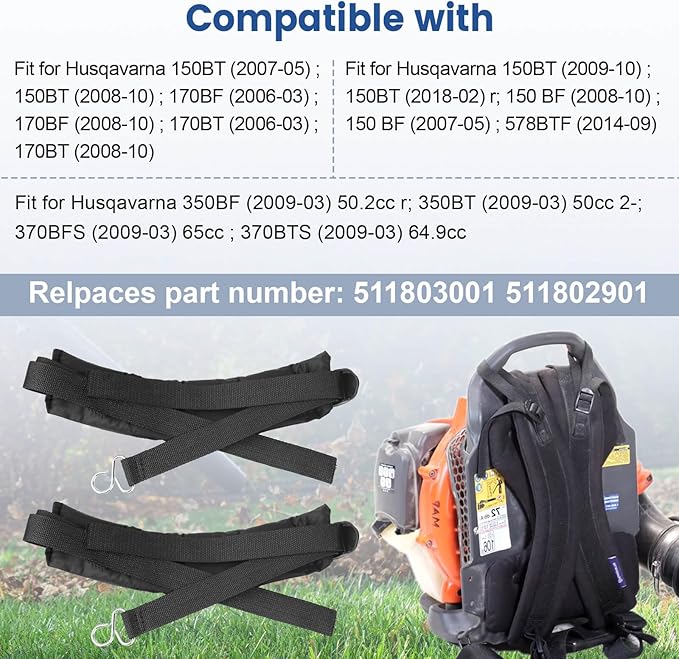 QCG 150BT Shoulder Strap Harness Compatible with Husqavarna 150BF 150BT 170BF 170BT 350BF 350BT 370BFS 370BTS Backpack Blower Replace 511803001 511802901 Left &amp Right Shoulder Strap Set