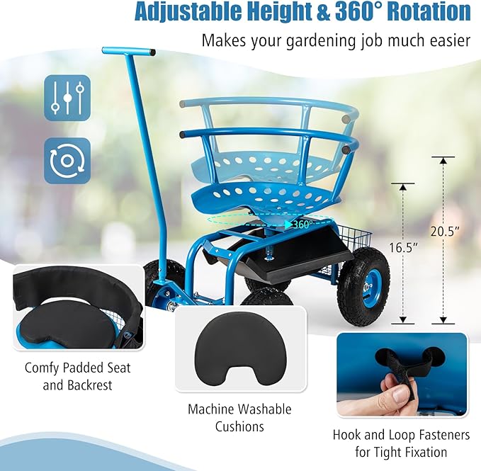 Goplus Rolling Garden Seat with Wheels Outdoor Garden Cart with 360° Swivel Seat &amp Tool Storage 2 Steering Handles Gardening Stool Wagon Scooter Lawn Patio Gardening Workseat for Seniors
