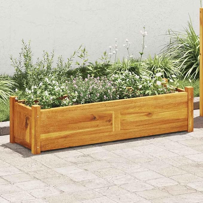 Brown Acacia Wood Raised Garden Bed 39.4 x 11.8 x 9.8 Inch Planter Box for Outdoor Plants Durable Rustic Elevated Garden Bed for Gardening