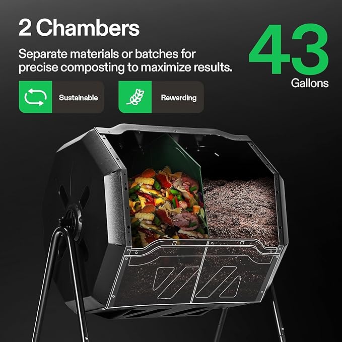 VIVOSUN Outdoor Tumbling Composter Dual Rotating Batch Compost Bin 43 Gallon Black Door