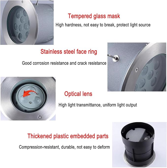 LED Buried Lights - Outdoor Landscape LightsRound Recessed 30° Polarized Ground Light IP67 Waterproof Adjustable Angle Optical Lens Spotlight Garden Floor LaRed-24W