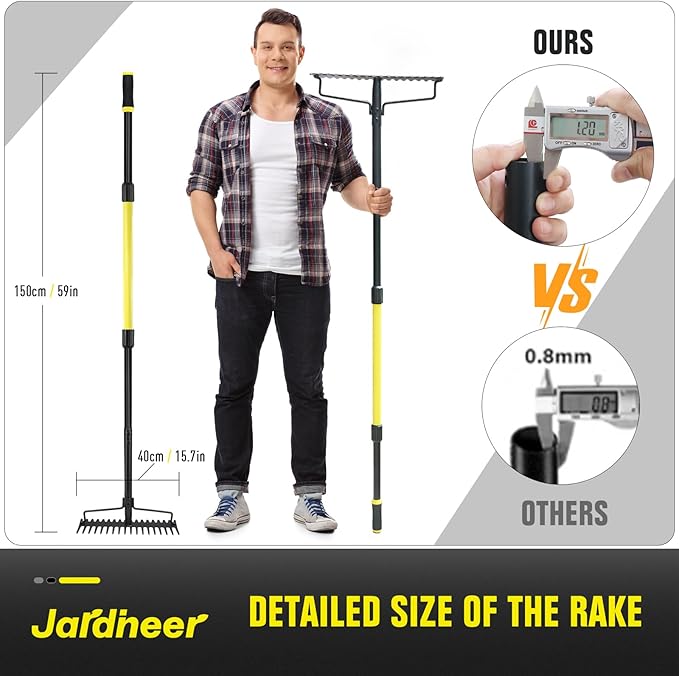Jardineer Bow Rake Heavy Duty Long Handle Metal Rakes for Gravel Rocks Lawns Leaves Soil Leveling Landscaping Garden Rake with 18 Steel Tines (59 Inches)