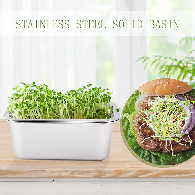 Vesici 4 Pack Sprouting Tray Kit Stainless Steel Soil Free Cultivation Germination Tray Wheatgrass Growing Container Seed Sprouting Container Kit for Indoors Plant Seed Beans Broccoli Arugula