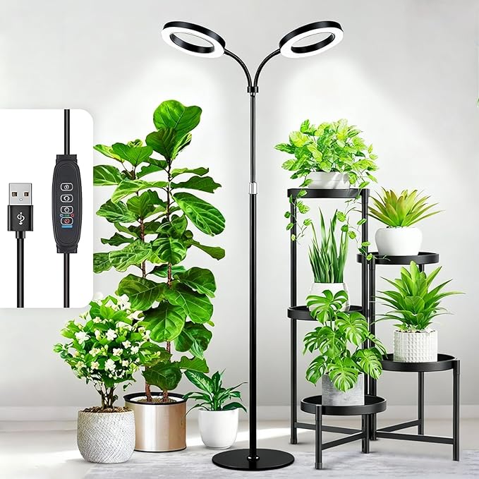 48W LED Grow Light for Indoor Plants Dual-Head Plant Light with Full Spectrum Adjustable Height 23-67 Timer &amp Dimming UV Light for Plants Indoor Grow Lamp for Tall Houseplants