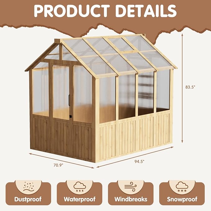 EBE 6'x8' Greenhouse Wooden Walk-in Greenhouse Outdoors with Polycarbonate Panel and Adjustable Roof Vent Garden Greenhouses for Patio Yard and Backyard