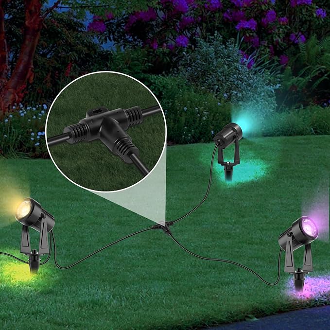 SUNTHIN 6 Pack RGB Color Changing Spot Uplights with Remote &amp 9.8FT T Shape Tee Extension Cord