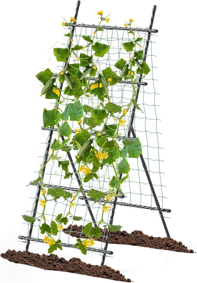 Happygrill Trellis for Climbing Plants Outdoor Cucumber Trellis w/PE-Coated Frame Trellis Net Fixing Clips Zip Ties A-Frame Sturdy Metal Plant Support for Tomato Grape Clematis